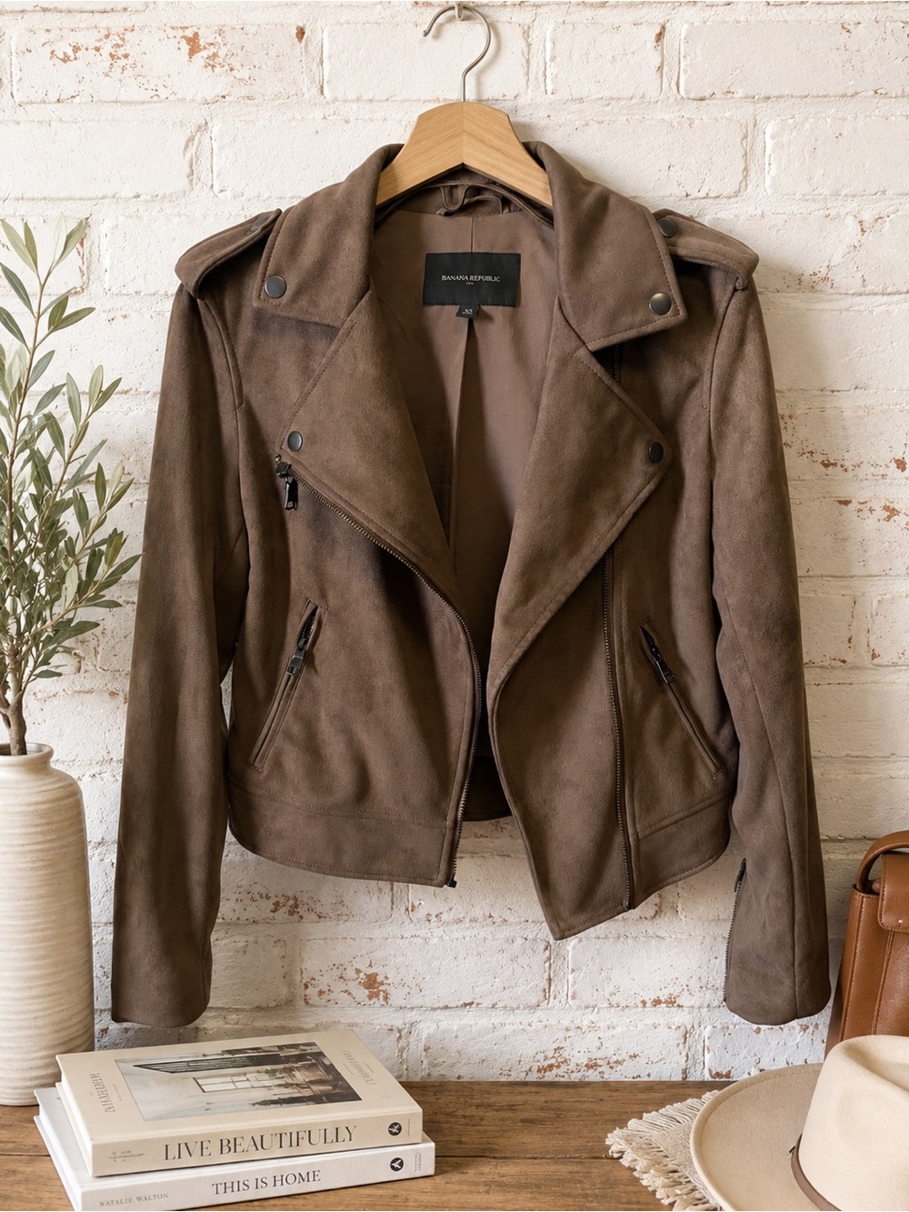 Banana Republic Brown Faux Suede Moto Jacket Women’s XS Motorcycle Zip Biker